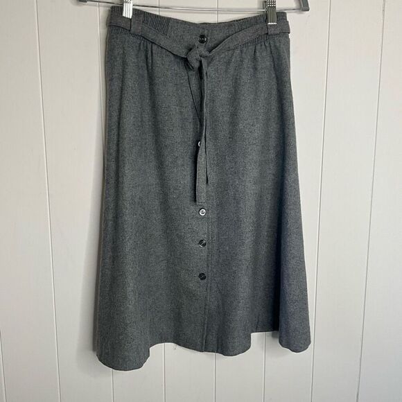 Vintage Womens Size Small Wool Button Front Midi Skirt Gray Belted Elastic Waist - Picture 1 of 7